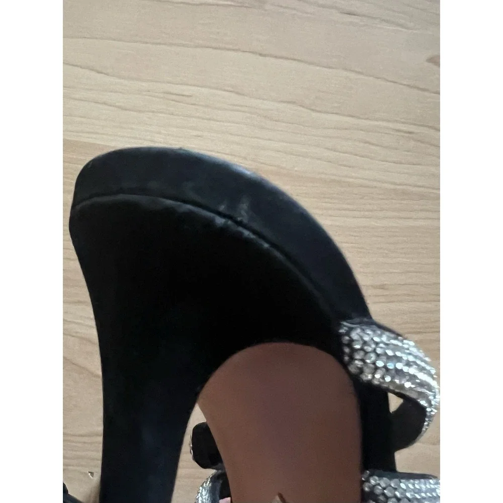 SCHUTZ Sariah Crystal Embellished Strap Heels Black & Cristal Size 9.5 Suede